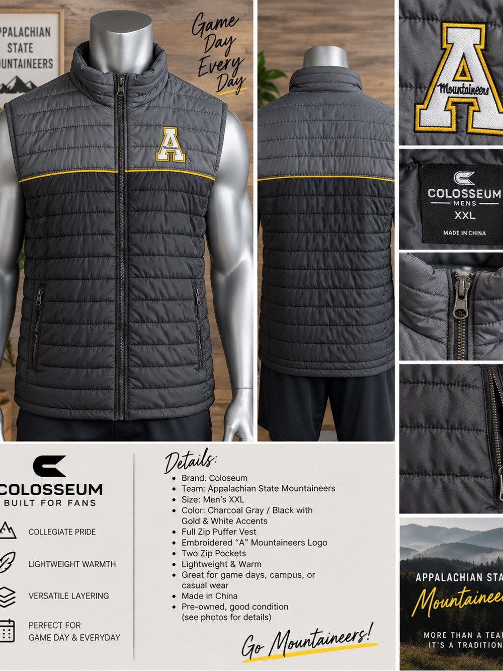 Colosseum Men's Charcoal Gray & Black Full‑Zip Puffer Vest with Gold 'A' Logo